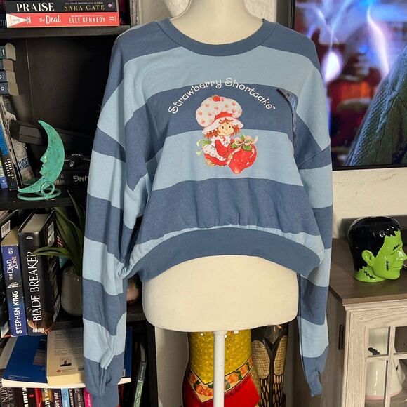 Strawberry shortcake Soze XL blue striped Crew neck sweatshirt NWT - Picture 1 of 5